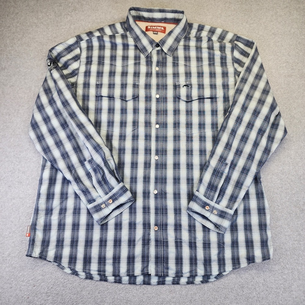 Simms Fishing Shirt Mens XXL 2XL Button Pearl Snap Plaid Vented Long Sleeve Gray - Picture 2 of 10